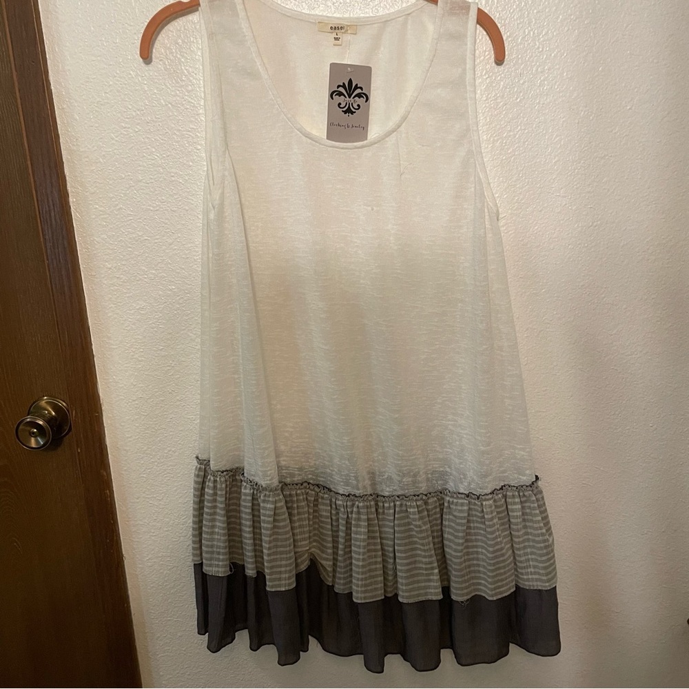 NWT Easel Tansy Tank layering tunic large sleeveless white with gray ruffles